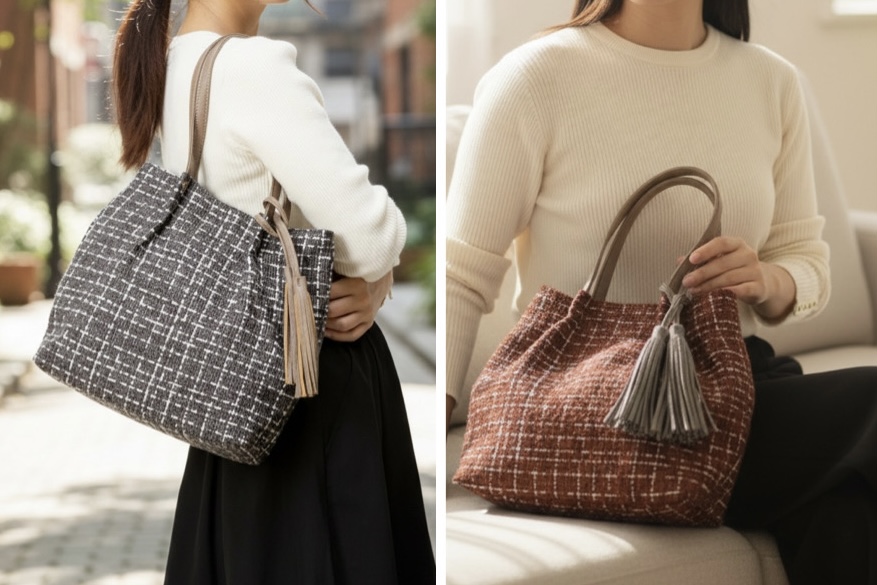 チェック柄ツイードトートバッグ
